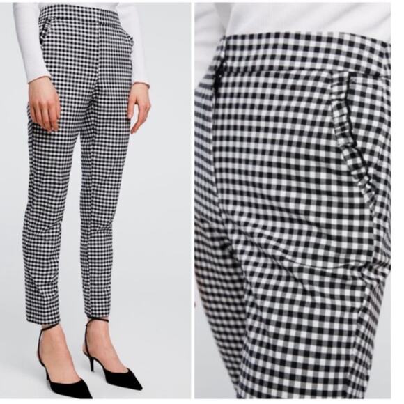 NEW ZARA Black White Gingham Check Plaid Mid Rise Ankle Crop Pant Pockets S - Picture 2 of 9